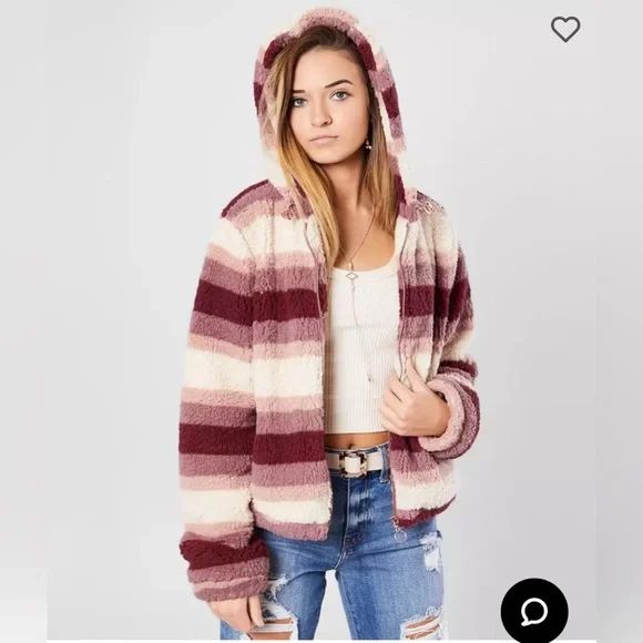 The Buckle’s Ashley Fuzzy Sherpa Hooded Jacket Mauve Stripe Size XL - Picture 1 of 14